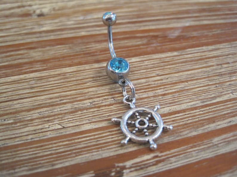 Blue Gem Stone Belly Button Ring Ships Wheel with Double Lt Body Jewelry Belly Button Ring