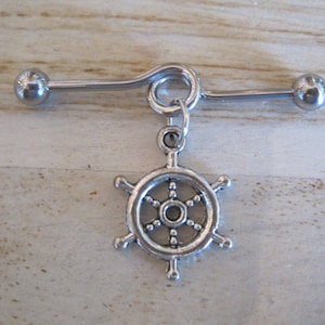 Industrial Barbell - Silver Ships Wheel Industrial Barbell - Industrial Piercing -  Body Jewelry - Earring