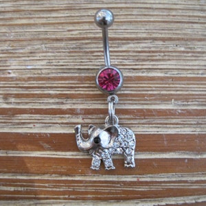 Bauchnabel Ring - Körperschmuck - Silber Strass Elefant mit Dunkelrosa Gem Bauchnabel Ring