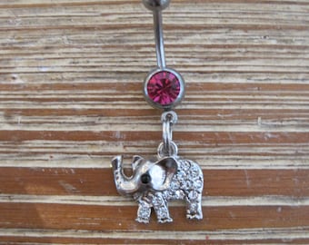 Belly Button Ring - Body Jewelry - Silver Rhinestone Elephant with Dark Pink Gem Belly Button Ring