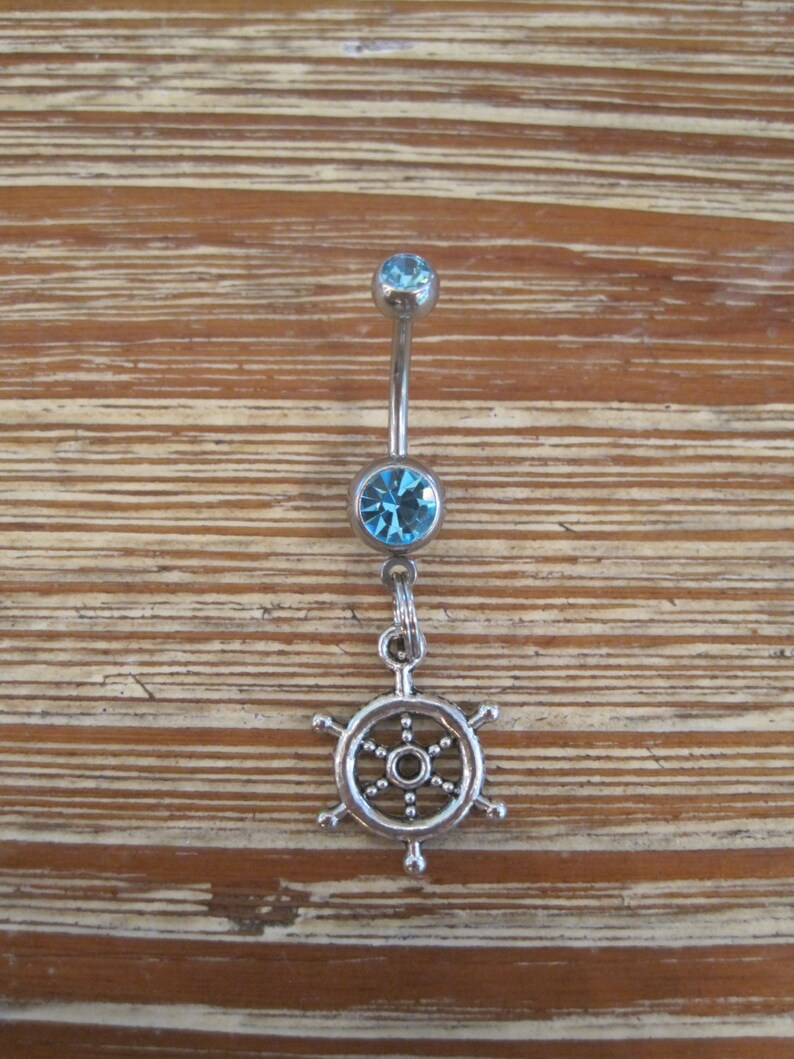 Blue Gem Stone Belly Button Ring Ships Wheel with Double Lt Body Jewelry Belly Button Ring