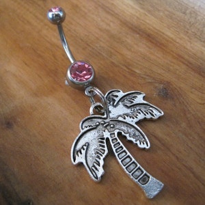 Anillo de ombligo - Joyería corporal - Palmera de plata con anillo de ombligo de piedras gemas rosas dobles