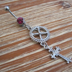 Belly Button Ring - Body Jewelry - Silver Cross with Metal Wheel and Pink Gem Belly Button Ring - Cross Belly Ring - Silver Cross Belly Ring