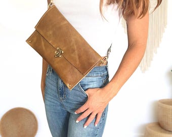 Genuine Buffalo Leather Crossbody Sling Bag | Convertible Messenger, Fanny Pack, Clutch | Handmade Leather Bag with Boho Strap Gift For Her