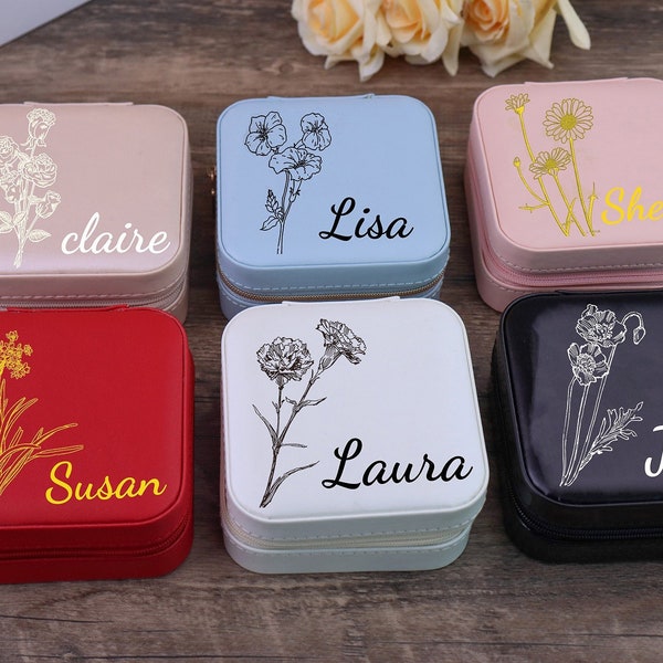 Custom travel jewelry box, Birth Month Flower Gift, Personalized Birthday Gift, bridesmaid gifts box for sister, friend, Best gift