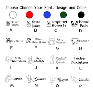 May include: A chart with 16 different designs for personalized name stamps. Each design features a different animal or object, such as a lion, a unicorn, a dinosaur, a panda, and a rainbow. The chart also includes a color palette with five different colors: white, red, blue, green, and black.