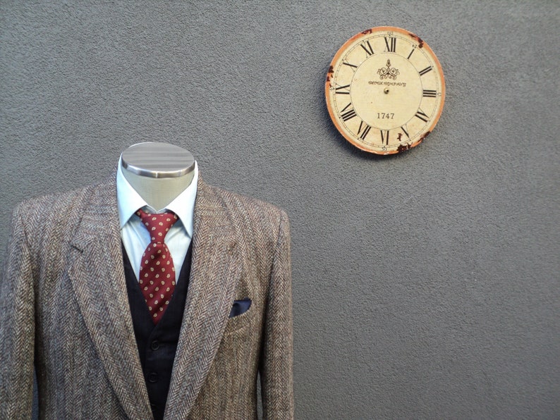 1980s HARRIS TWEED Jacket Vintage Scottish Wool Sport Coat Brown Herringbone Harris Tweed Blazer Size 42 Regular Large Lrg L