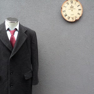 Vintage Wool Cashmere Overcoat - Mens Charcoal Gray Full Length Coat, Size 42R, Union Made in Canada