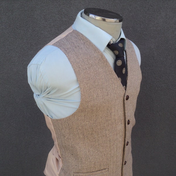 Chaleco de tweed de espiga para hombre - Chaleco de lana marrón claro