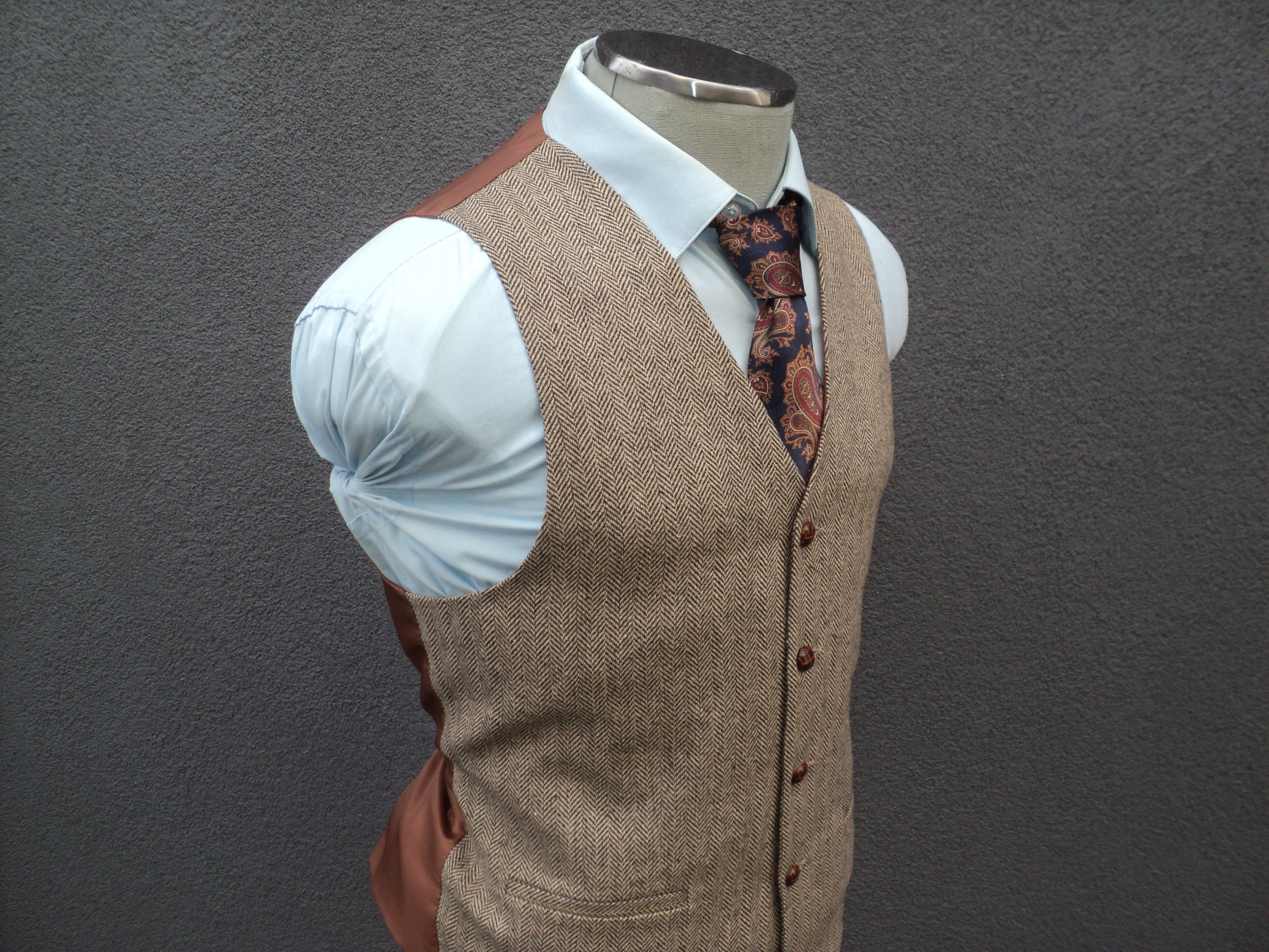 Herringbone Mens Vest, Mens Waist Coat, Wedding, Brown Waistcoat