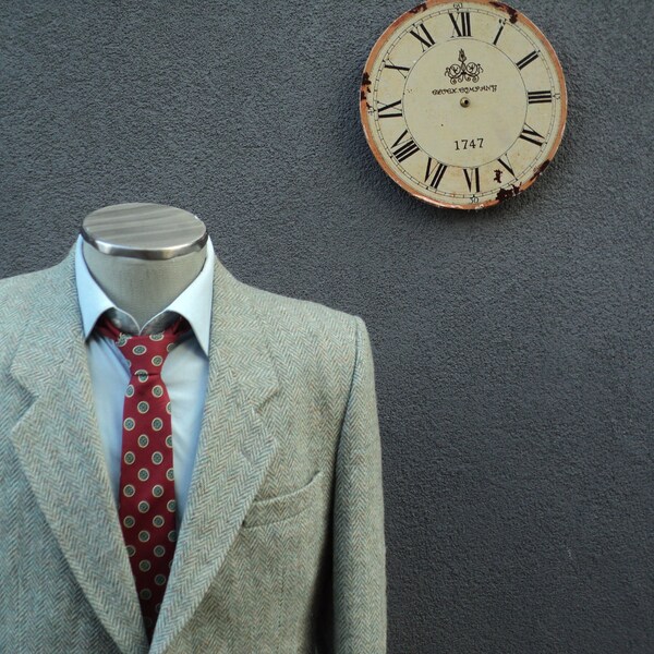 1980s Codo Parche HARRIS TWEED Blazer, 100% Virgen Escocesa Lana Sport Abrigo, Chaqueta de Tweed Verde Sage 40R Media / Herringbone Tweed Chaqueta