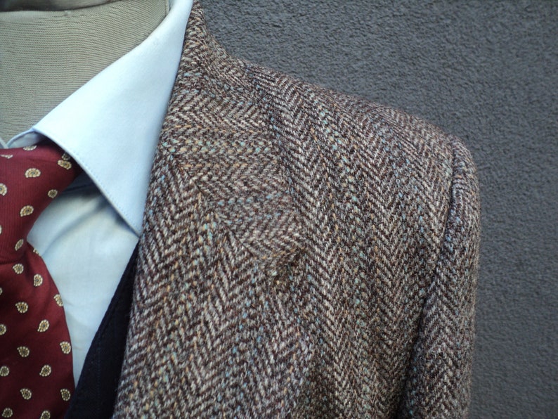 1980s HARRIS TWEED Jacket Vintage Scottish Wool Sport Coat Brown Herringbone Harris Tweed Blazer Size 42 Regular Large Lrg L