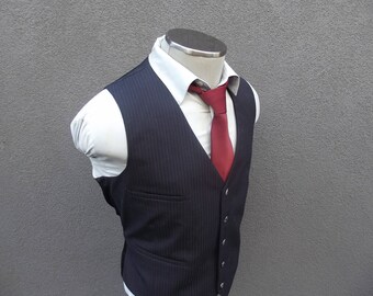 1950s Navy Blue Wool Vest / Vintage Navy Pinstripe Waistcoat Size 46 XL / Extra Large / Vintage Wedding / Mens Suit Vest / 50s Vtg / Mad Men