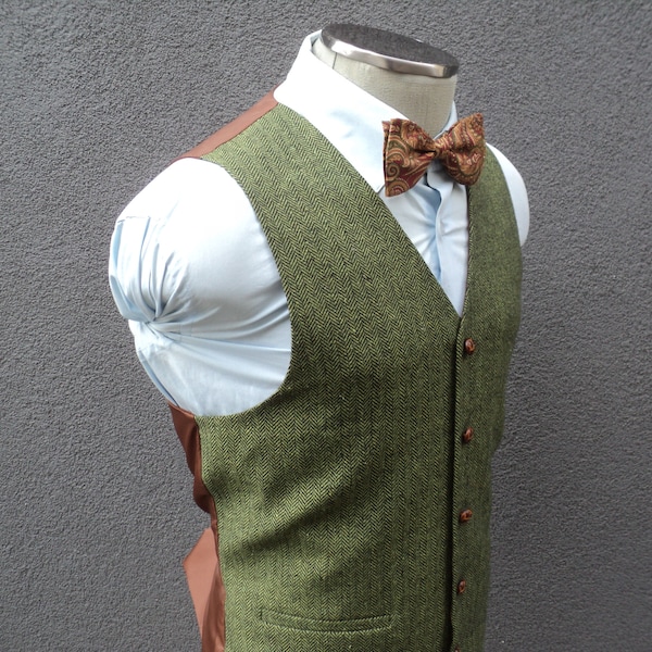 Mens Waistcoat - Olive Green Herringbone Wool Waistcoat - Tweed Vest - Five Button Front - Dual Pockets Formal Vest