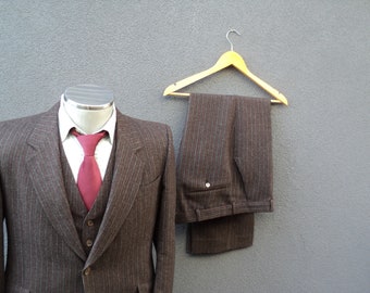 Vintage Pinstripe Suit, Mens Three Piece Suit, 80s Vintage Brown 3 Piece Suit Size 38 Short, Wool Suit, Union Made In Canada VTG