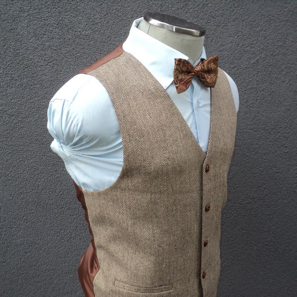 Mens Waistcoat - Brown Herringbone Wool Waistcoat - Tweed Vest - Five Button Front - Dual Pockets Formal Vest