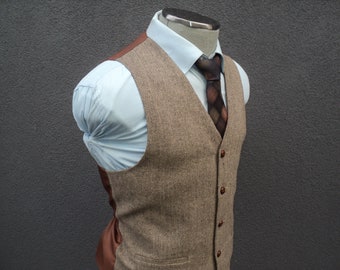 Handmade Brown Herringbone Wool Vest: Mens Tweed Waistcoat