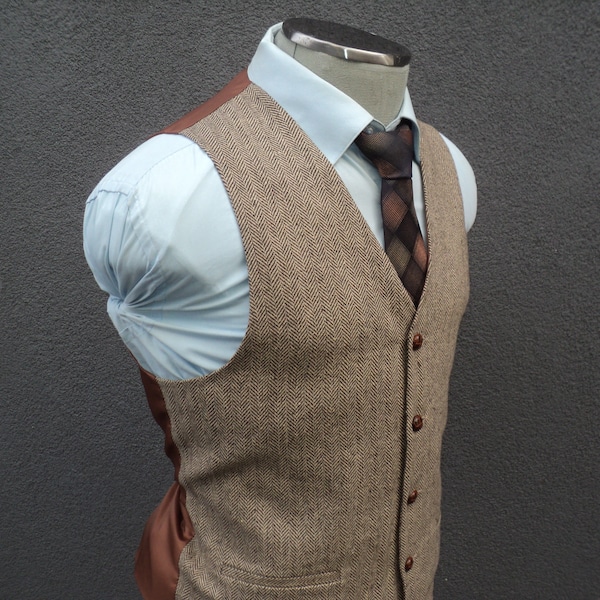 Chaleco de lana marrón con diseño de espiga hecho a mano: chaleco de tweed para hombre