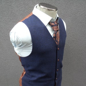 Mens Navy Herringbone Wool Vest - Formal Tweed Waistcoat