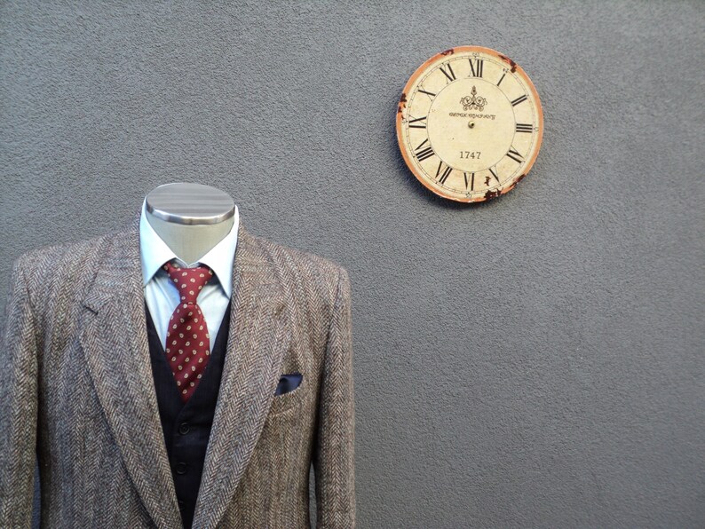 1980s HARRIS TWEED Jacket Vintage Scottish Wool Sport Coat Brown Herringbone Harris Tweed Blazer Size 42 Regular Large Lrg L