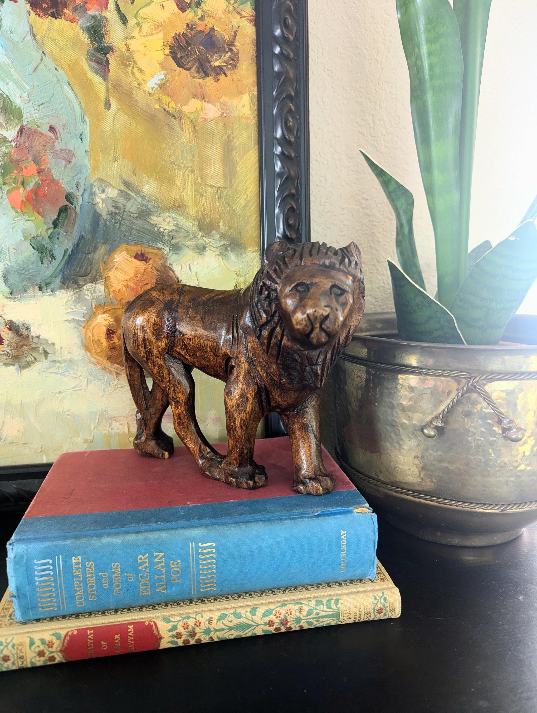 Handcarved Wooden Folk Art Lion Figurine
