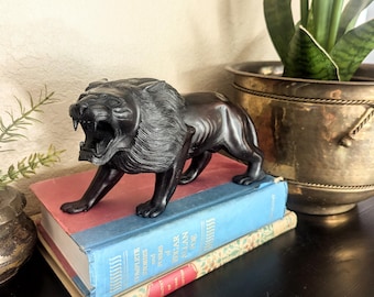 Black Cast-Resin Roaring Lion Figurine - As Is