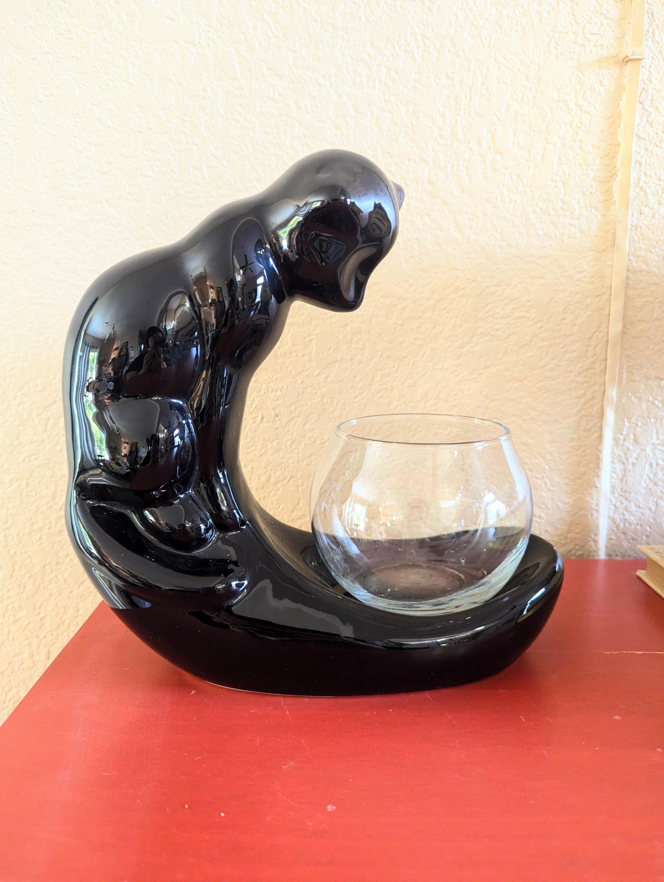 80s Art Deco Haeger Replica Black Cat Gazing into Fishbowl Ceramic Sculpture