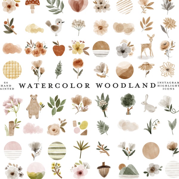 64 boho instagram highlight covers story icons watercolor woodland animal kids children baby flowers rustic chic clipart blog branding kit