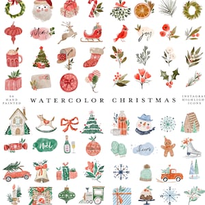 64 Christmas instagram story highlight icons - watercolor santa snowman xmas tree winter gingerbread man