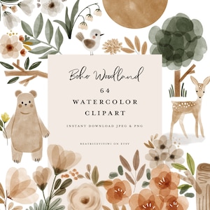 64 boho watercolor woodland animal clipart - hand painted autumn cute kids nursery - children baby bear - fall leaves forest deer rabbit
