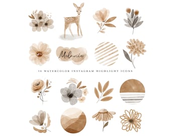 boho instagram story highlight icons watercolor woodland animal deer autumn fall leaves floral brown neutrals clipart blog branding kit