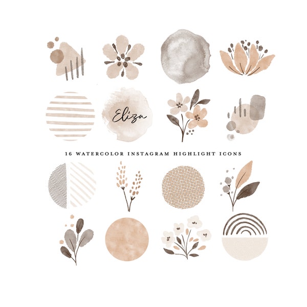 boho instagram story highlight icons watercolor bohemian brown neutrals geometric abstract clipart branding kit