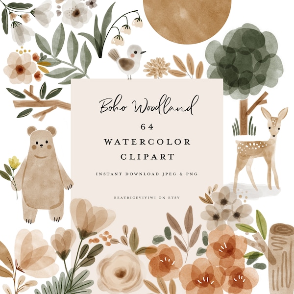 64 boho watercolor woodland animal clipart - hand painted autumn cute kids nursery - children baby bear - fall leaves forest deer rabbit