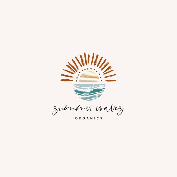 premade boho sun logo design - hand drawn sunset summer beach - organic kids sunshine - sunrise children photography - sea ocean waves