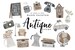 antique vintage clipart watercolor hand painted neutral brown business travel home house camera typewriter antique shop clip art 