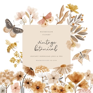 64 Schmetterlinge Aquarell Schmetterlinge Clipart - neutrale Herbst Pflanzen - Herbst Blätter Garten - elegante Blumen - handgemalte Schmetterlinge