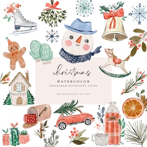 64 Christmas watercolor clipart - santa snowman xmas tree winter gingerbread man