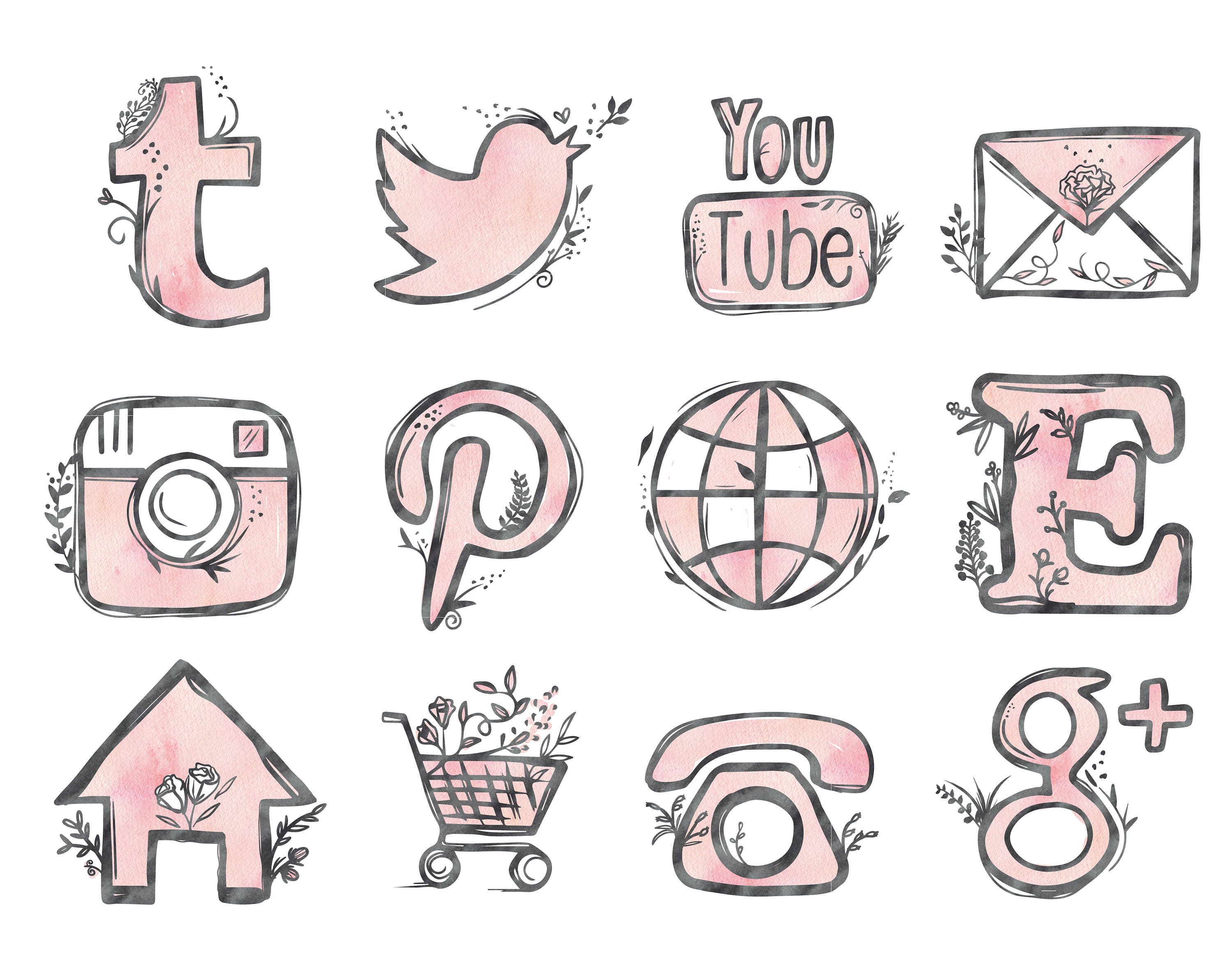 48 Hand Drawn Social Media Icons Watercolor Pink Blog Buttons Graphics  Website Icons App Clipart Clip Art -  New Zealand