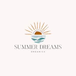 premade boho sun logo design - hand drawn sunset summer beach - organic kids sunshine - sunrise children photography - nature sea ocean