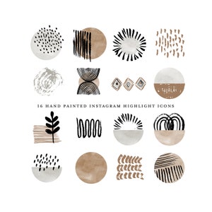 boho instagram story highlight icons brush strokes hand painted earthy neutrals grey brown black ink watercolor circles clipart branding kit