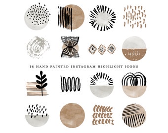 boho instagram story highlight icons brush strokes hand painted earthy neutrals grey brown black ink watercolor circles clipart branding kit