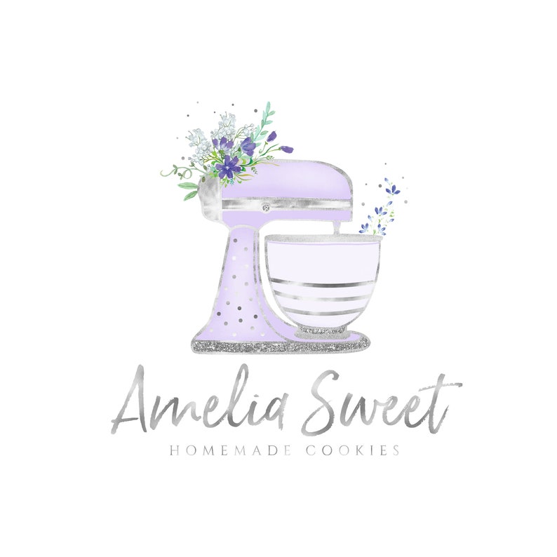 Watercolor Cake Mixer Bakery Logo Design Premade Purple Silver Etsy