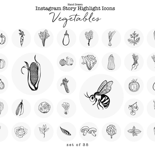 Farm Instagram Story Highlight Icons - botanical flower highlight covers -  hand drawn sketch bee  - designs for restaurants - vegetables