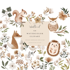 watercolor woodland animal clipart - boho hand painted fox in forest - cute owl in jungle - squirrel for baby nursery - autumn fall neutrals