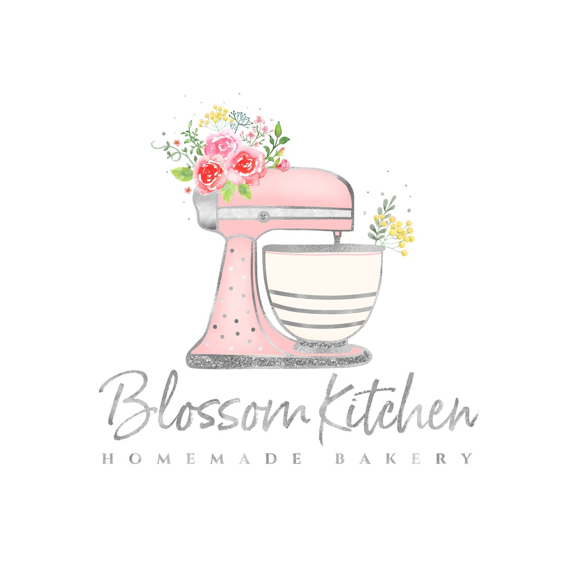 Watercolor Cake Mixer Bakery Logo Design Premade Pink Silver Etsy
