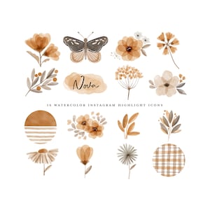 boho butterfly instagram story highlight icons - watercolor autumn moth - vintage botanical fall mustard flowers - neutral floral clipart