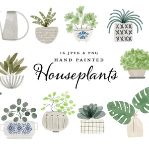 Boho Watercolor Clipart Hand Drawn Painted Potted Houseplants Green ...