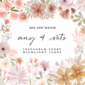 Może przedstawiać: Cyfrowa ilustracja akwarelowych kwiatów w odcieniach różowego, brzoskwiniowego i brązowego. Kwiaty są ułożone w kwadratową ramę z tekstem "Mix and Match any 4 sets Instagram Story Highlight Icons" w środku.