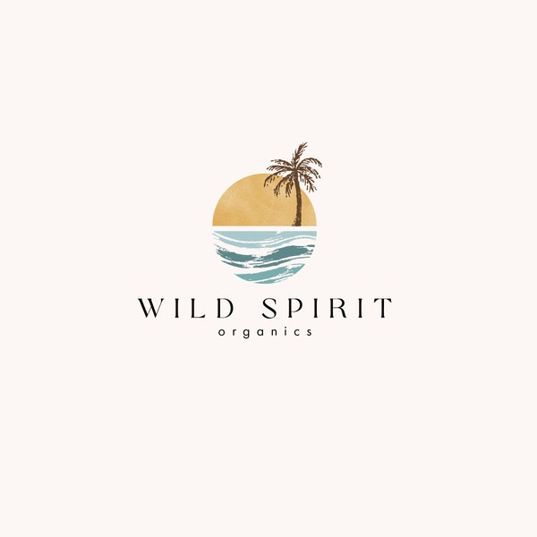 premade boho sun logo design - sunset summer beach - organic sunshine - sunrise travel photography - tropical island - ocean waves palm tree