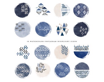 boho instagram story highlight icons - watercolor instagram highlight cover - blue abstract circles - hand painted geometric clipart